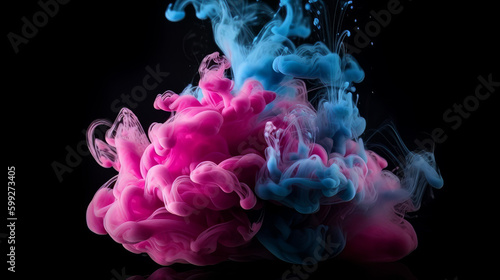 Paint water. Color mist. Magic spell mystery. Blue pink contrast vapor floating splash cloud blend on dark black abstract art background