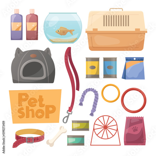 Pet shop assortment, animals accessories, vector illustration. Set of store supply items for domestic pets: cats, dogs, rodent. Isolated stickers, graphic label element for animal shop. Feed, toys.