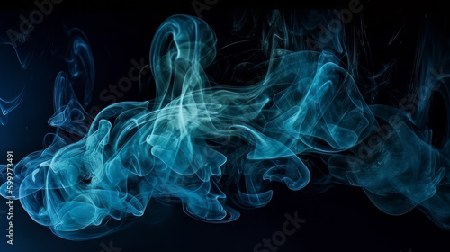 Shiny smoke. Glitter fluid. Ink water. Magic mist. Blue color particles texture paint vapor storm wave on dark black abstract background