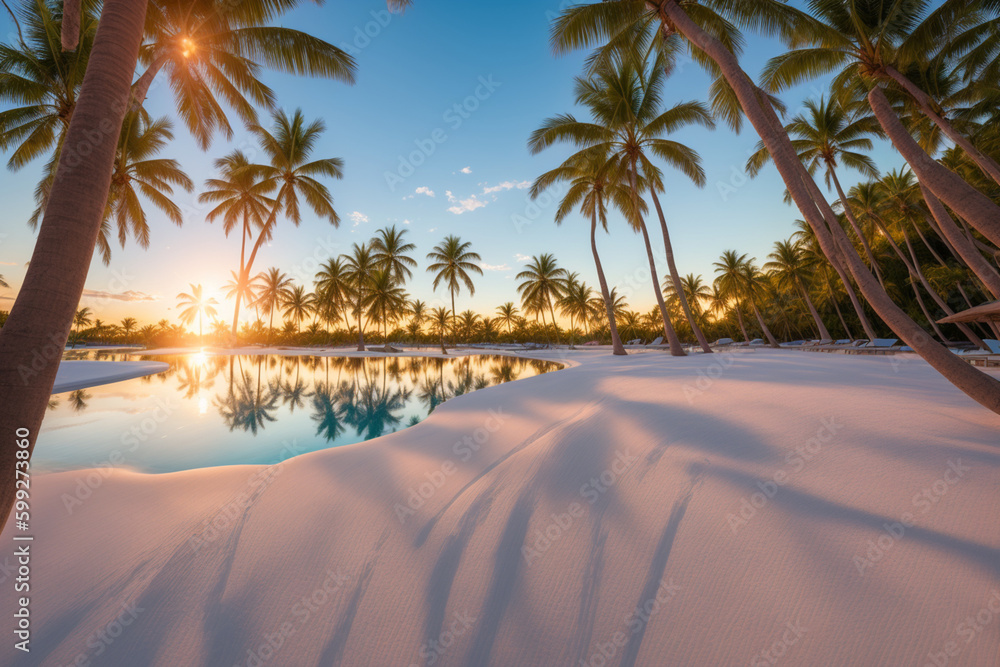 Fototapeta premium tranquil tropical beach at sunset, featuring pristine white sand. Generative AI