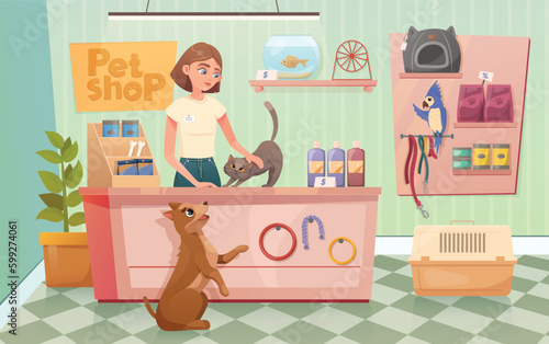 Pet shop interior with woman seller, home animals: dog, cat, parrot, fish. Shelves with accessories, feeds and toys vector illustration.