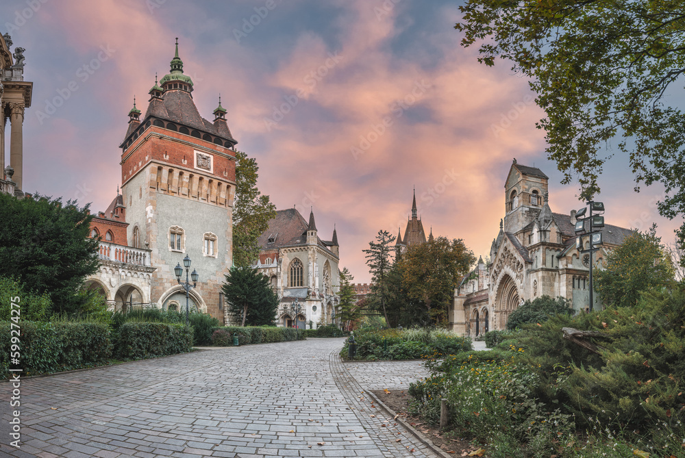 The Vajdahunyad Castle Сourtyard and Jaki Chapel in The City Park of Budapest.