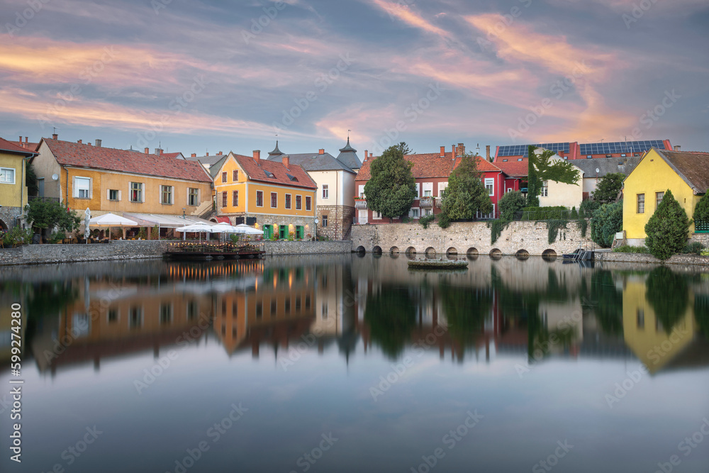 Malom Lake and Old Colorful Houses in The Center of Tapolca. Hungary.