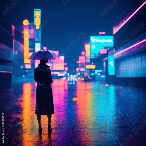 woman standing alone in the rain silhouetted by neon lights. Generative AI