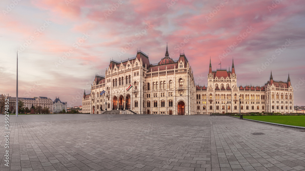 Panoramic View of Lajos Kossuth Square and The Building of The Hungarian Parliament. Budapest, Huhgary.