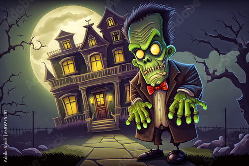 Halloween Frankenstein Monster and Haunted House - Ai Generative