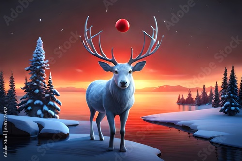 Reindeer with red nose and Santa hat 3D rendering. Christmas holiday. Generative AI