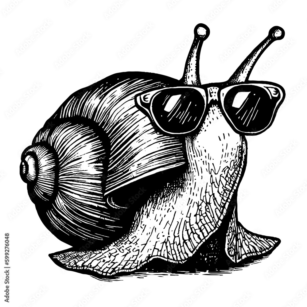 snail wearing sunglasses sketch, cool snail vector illustration Stock