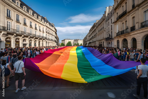 A big rainbow flag of the LGBT community in the city on parade, pride month, Generative AI 1 © Alina