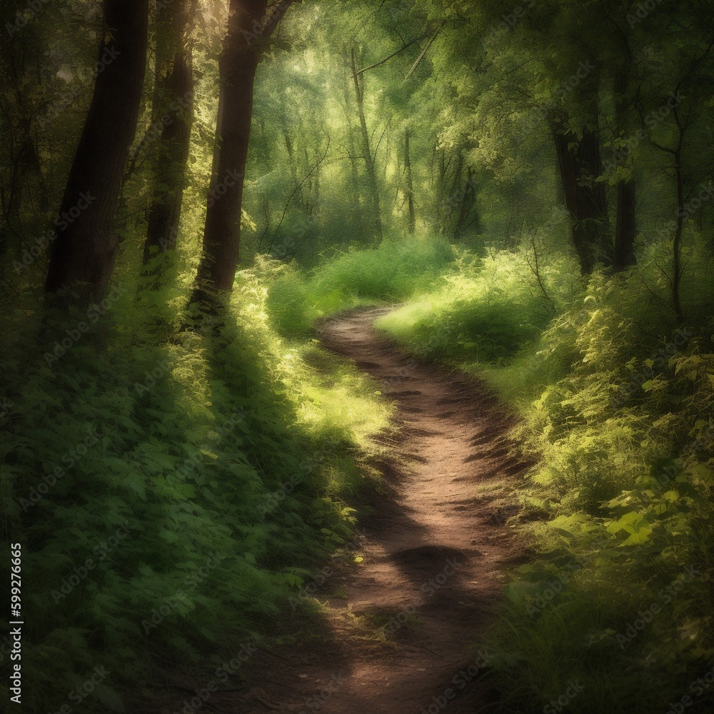 Obraz premium summer green leaf path forest pathway landscape nature tree wood. Generative AI.