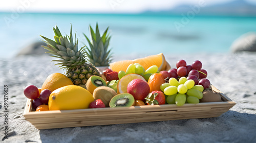 A Colorful Basket of Fresh Fruits Delights on a Serene Beach Oasis