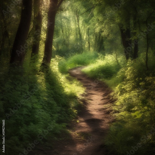 summer green leaf path forest pathway landscape nature tree wood. Generative AI.