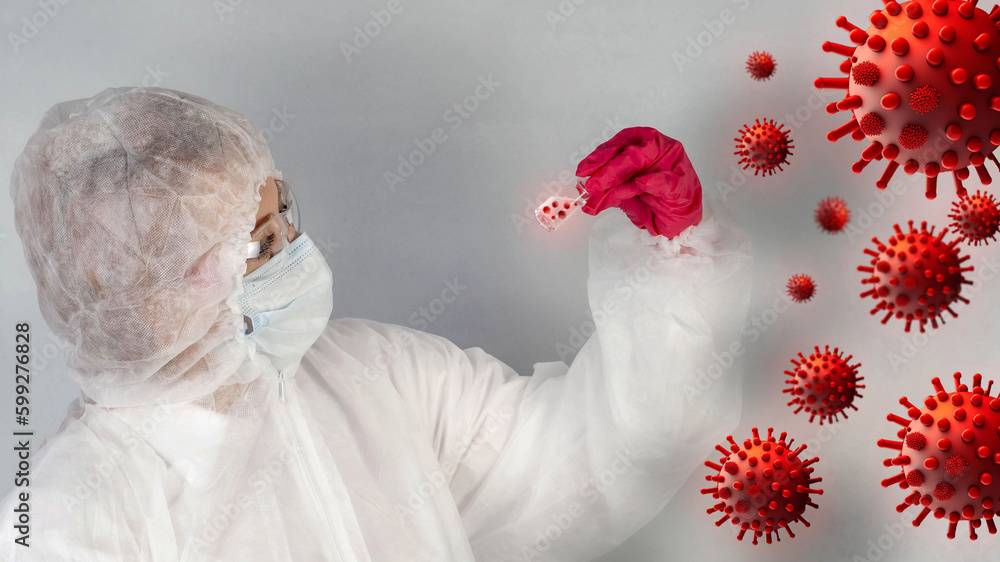 Virus. Laboratory for the development of viruses, microbes, bacteria. Doctor in a protective suit with a test tube. Medical uniform, doctor's white lab coat close-up. Medicine concept.