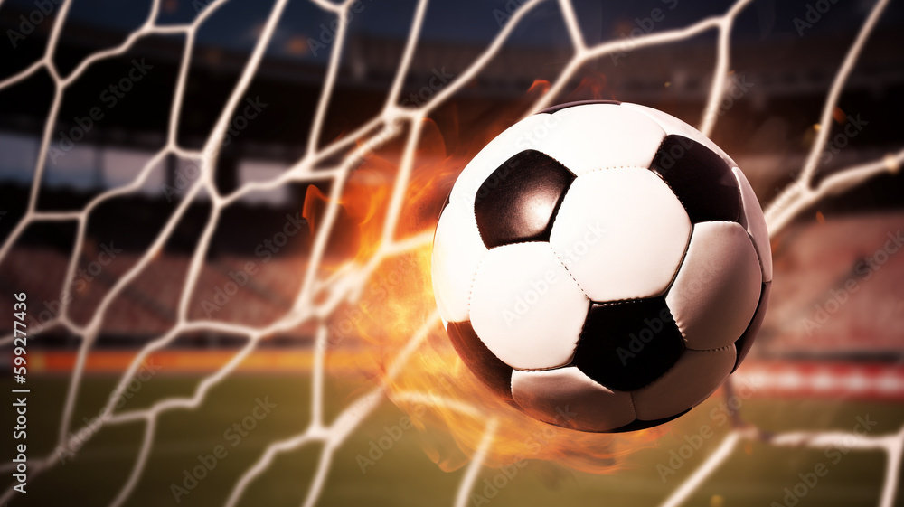 Fototapeta premium soccer ball in goal net ai generative
