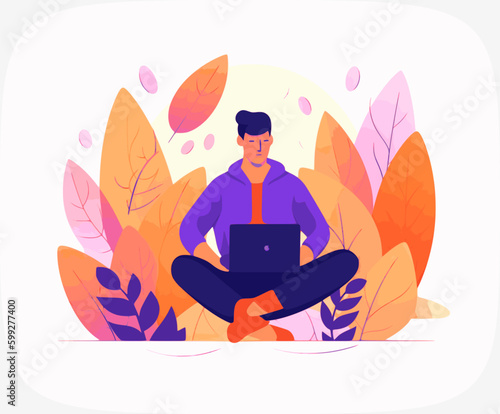 man with laptop sitting outside with beautiful landscape in background. Sunrise, mountains and pink sky. Freedom, working late and workaholic concept. Vector illustration.