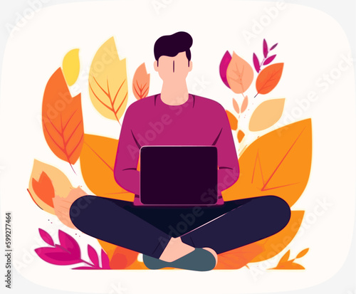 man with laptop sitting outside with beautiful landscape in background. Sunrise, mountains and pink sky. Freedom, working late and workaholic concept. Vector illustration.