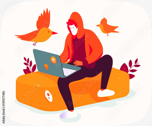 Flat design illustration of a man working outdoor using a laptop
