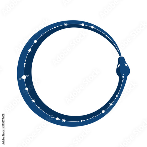 Ouroboros, a serpent with a cosmic pattern on its back, coiled in a ring, biting its tail, isolated on a white background. A symbol of infinity and endless rebirth. Flat vector illustration