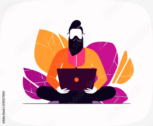 A young freelance guy sits on a bench in a spring city park and works at a laptop. Flat vector illustration