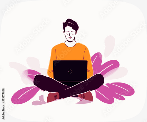 Young man outdoor with laptop vector illustration. Male model sitting on grass cartoon character. Guy using PC for study, work, leisure flat drawing. Freelance, remote job, studying design element