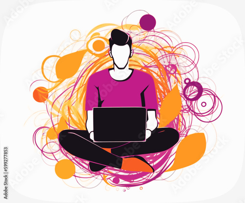 A young freelance guy sits on a bench in a spring city park and works at a laptop. Flat vector illustration