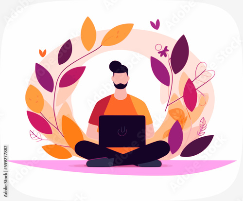  man working remotely from tropical beach. Freelancer guy using laptop chats and surfs internet. Worcation and freedom from office concept. Colored flat vector illustration
