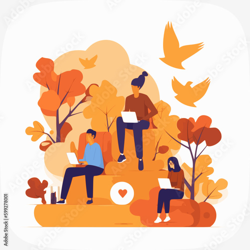 autumn in the park people using laptop, social media