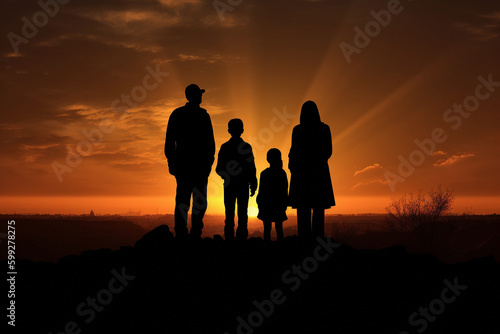 iluets of a happy family on the background of a colorful sunset. High quality photo Generative AI