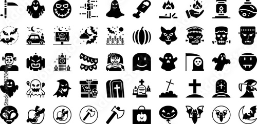 Halloween Icon Set Isolated Silhouette Solid Icons With Spooky, Pumpkin, Horror, Vector, Icon, Halloween, Holiday Infographic Simple Vector Illustration