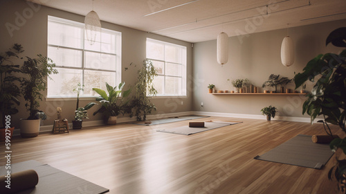 Serene Yoga Studio Interior with Natural Elements (generative AI)