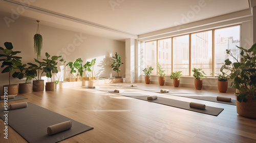 Serene Yoga Studio Interior with Natural Elements  generative AI 