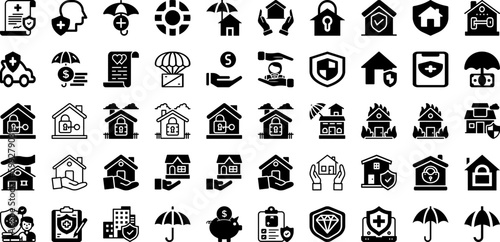 Insurance Icon Set Isolated Silhouette Solid Icons With Symbol, Icon, Protection, Insurance, Health, Safety, Care Infographic Simple Vector Illustration