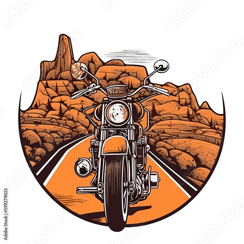 Motorbike trip to the mountains. Silhouette of mountains in the background. cartoon vector illustration, white background, label, sticker, t-shirt design