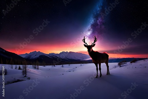 Wild Christmas reindeer under a starry neon sky in the mountains. Winter night illustration. Christmas holiday. Generative AI