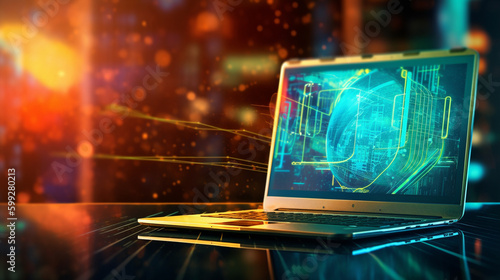 Laptop with code on screen and hi-tech background, colourful background