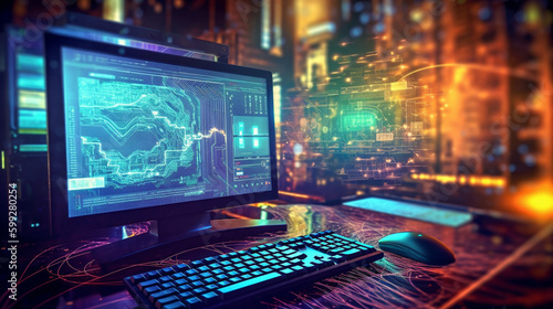 Computer with code on screen and hi-tech background, monitor, mouse and keyboard, colourful background