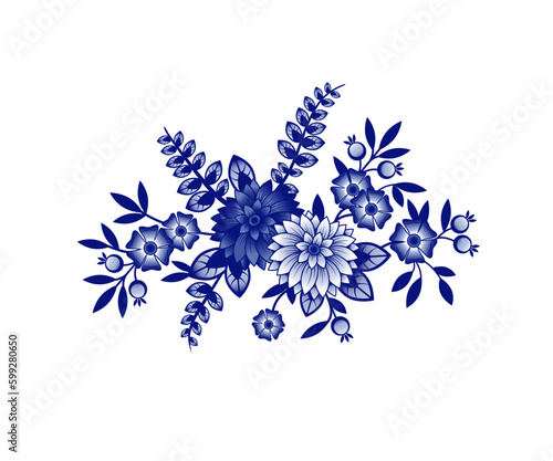 
Blue and white bouquet of abstract flowers. Design elements on a white background. Chinese style decoration. Floral vector template.