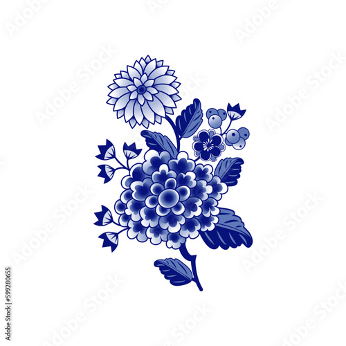 .Blue and white bouquet of abstract flowers. Design elements on a white background. Chinese style decoration. Floral vector template.