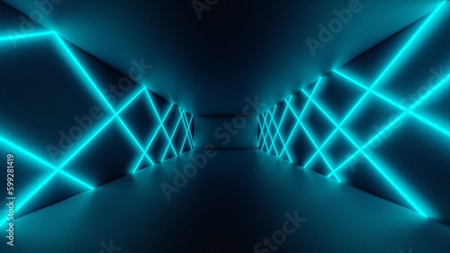 Fototapeta Naklejka Na Ścianę i Meble -  Futuristic interior background geometric design glowing blue neon in dark tunnel 3d render