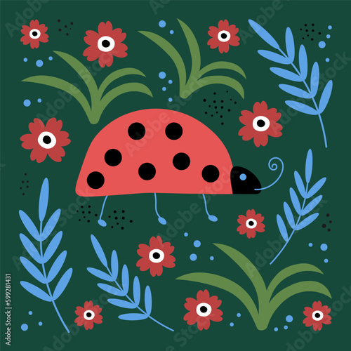 Ladybug. Flat cartoon illustration ladybug in flowers, forest motif. Hand drawn ornament. Happy birthday, holiday. For postcards, print on  t-shirt, poster, template, polygraph, design element.