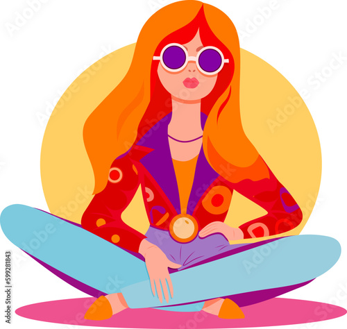 Groovy character , retro hippie woman from 70s vector illustration.Girl in retro clothes sits in pose lotus.  