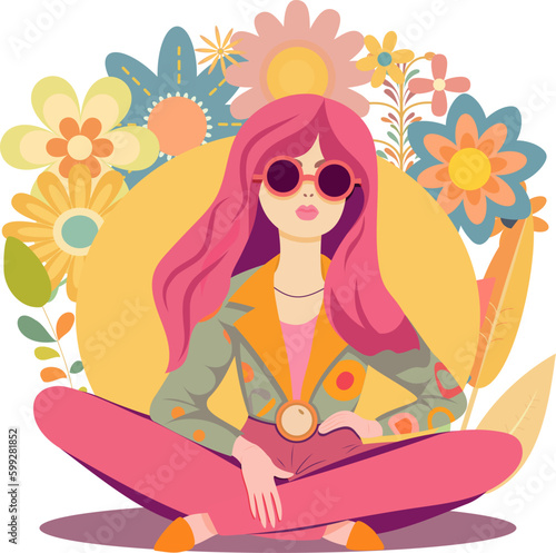 Groovy character , retro hippie woman from 70s vector illustration.Girl in retro clothes sits in pose lotus.  Flower Power
