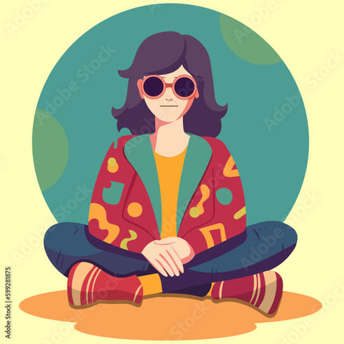 Groovy character , retro hippie man from 70s vector illustration. Boy in retro clothes sits in pose lotus. 