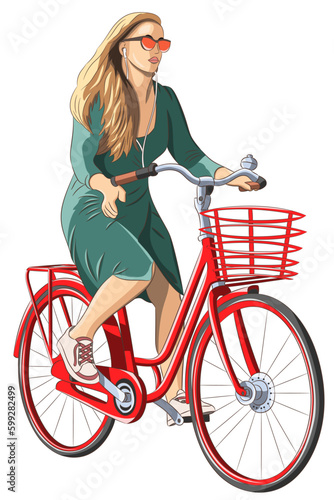 A beautiful young woman rides a red bicycle with a basket.