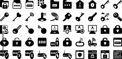 Password Icon Set Isolated Silhouette Solid Icons With Protection, Icon, Symbol, Password, Lock, Vector, Security Infographic Simple Vector Illustration
