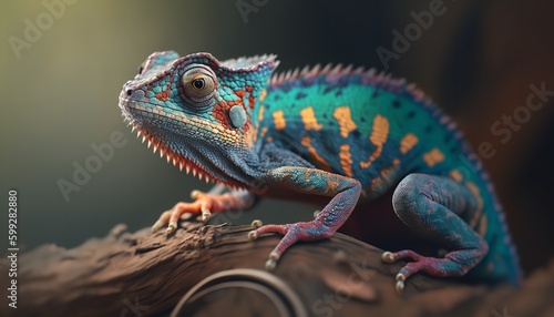 A colorful chameleon lizard is shown up close.  Generative Ai.
