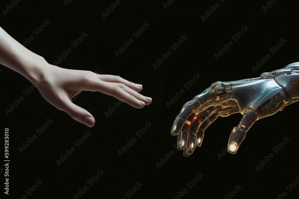 Naklejka premium Human and cyborg hands. Generative ai