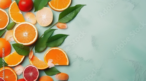 Carrot, slices of orange and grapefruit, mandarins, almonds, and green leaf on a paper background. Concept of colorful organic food, top view