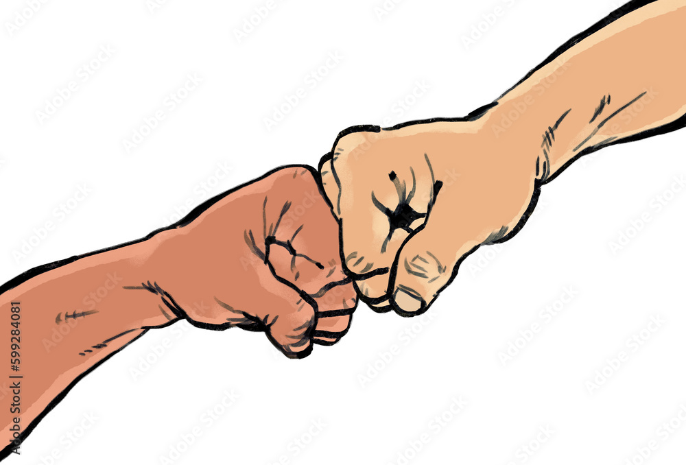 Stylized illustration of 2 hands of two people doing a fist bump gesture teamwork crew concept Stylized illustration of 2 hands of two people doing a fist bump gesture teamwork crew concept