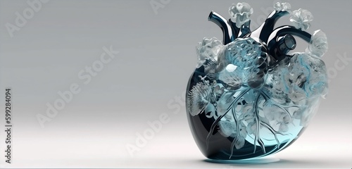 floral Heart of glass  ice heart  frozen heart  human heart real glass  concept 3d render. Genarative ai